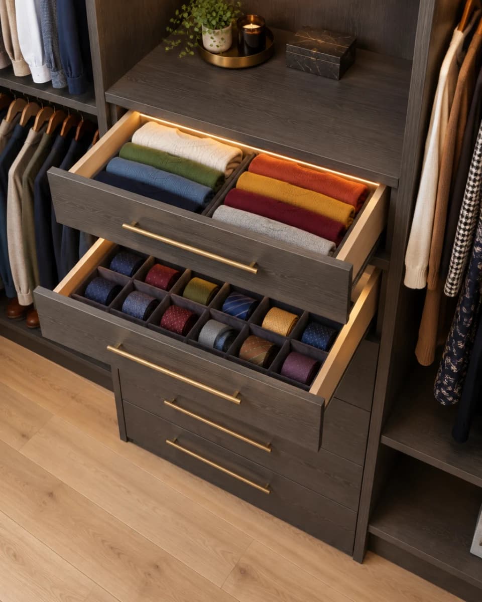 Open drawers with folded sweaters and ties