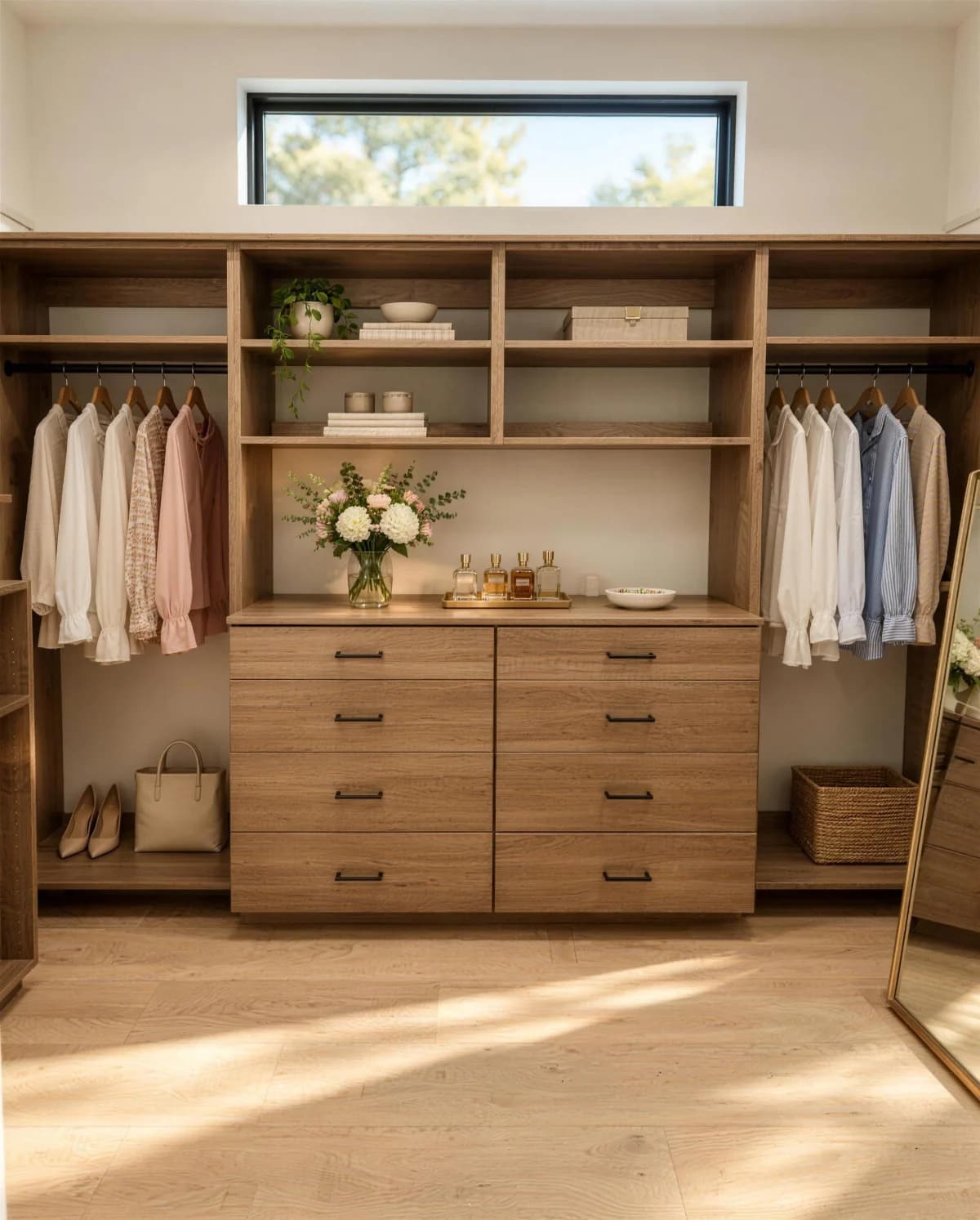 Light oak walk-in closet with a center dresser, hanging on both sides and a window above